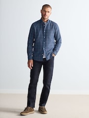 Navy Blue 100% Cotton Signature Brushed Flannel Check Long Sleeve Oxford Shirt - Image 2 of 8