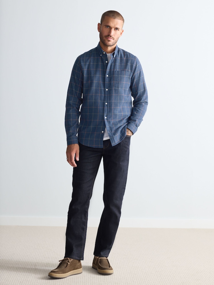 Navy Blue 100% Cotton Signature Brushed Flannel Check Long Sleeve Oxford Shirt - Image 2 of 8