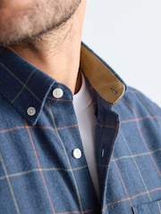 Navy Blue 100% Cotton Signature Brushed Flannel Check Long Sleeve Oxford Shirt - Image 5 of 8