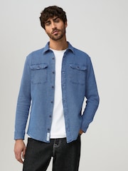 Blue 100% Cotton Waffle Textured Twin Pocket Shirt - Image 1 of 8