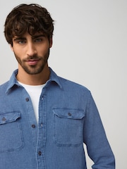 Blue 100% Cotton Waffle Textured Twin Pocket Shirt - Image 4 of 8
