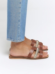 River Island Brown Cut Out Strap Leather Sandals - Image 1 of 6
