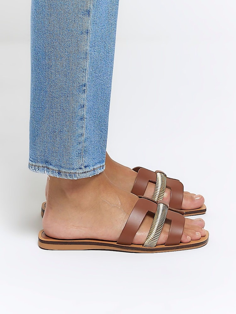 River Island Brown Cut Out Strap Leather Sandals - Image 1 of 6
