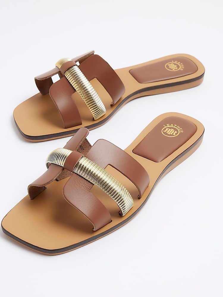 River Island Brown Cut Out Strap Leather Sandals - Image 6 of 6