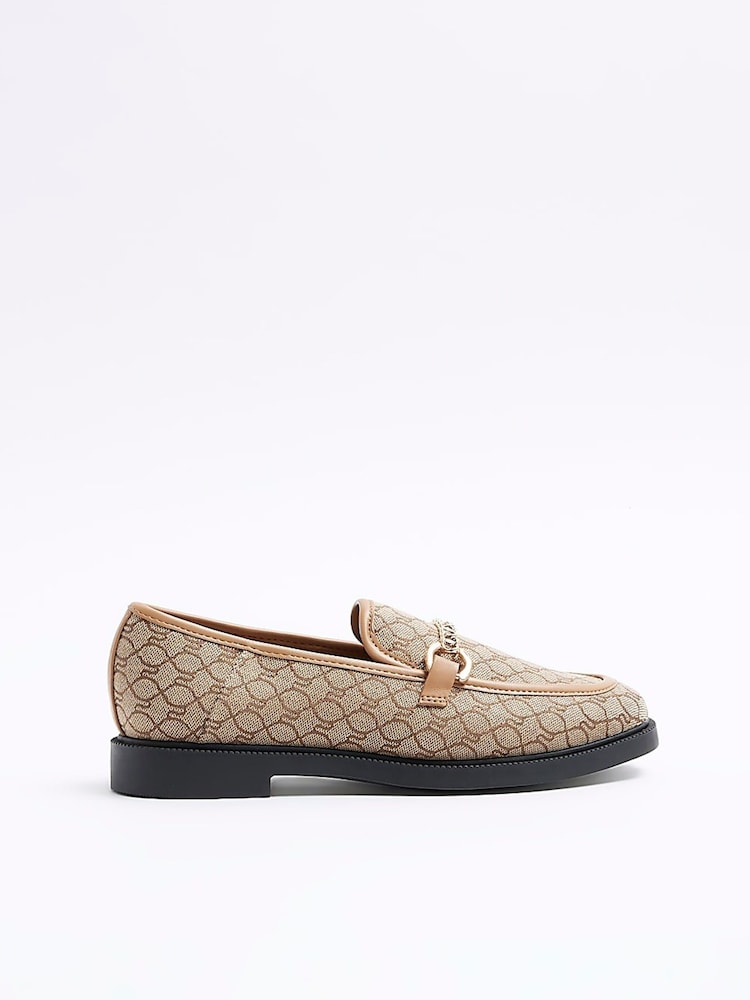 River Island Brown Monogram Buckle Deatail Loafers - Image 1 of 5 River Island Brown Monogram Buckle Deatail Loafers - Image 1 of 5