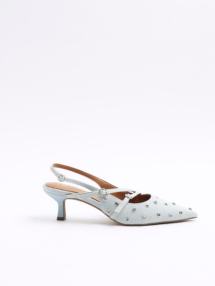 River Island Blue Denim Embelished Buckle Sling Back Court Shoes - Image 1 of 5 River Island Blue Denim Embelished Buckle Sling Back Court Shoes - Image 1 of 5
