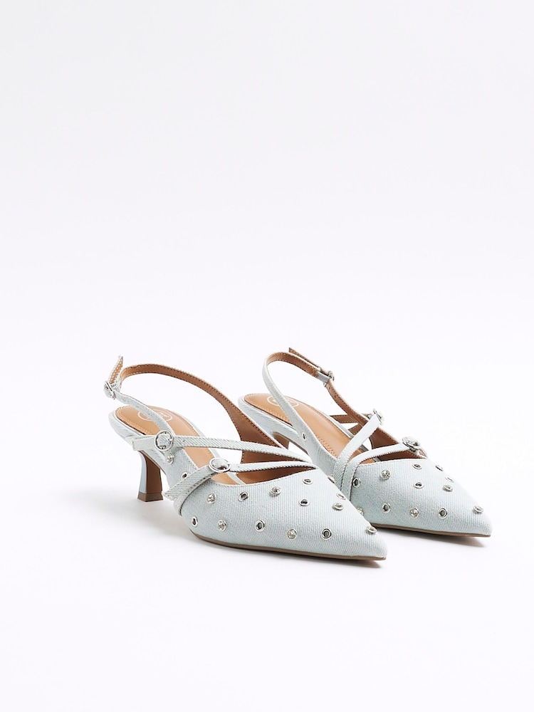 River Island Blue Denim Embelished Buckle Sling Back Court Shoes - Image 2 of 5