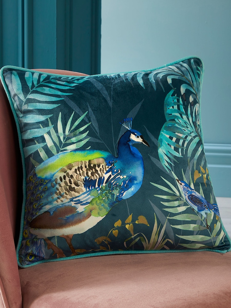 Soiree Teal Blue Peacock Jungle Velvet Filled Cushion - Image 2 of 6 Soiree Teal Blue Peacock Jungle Velvet Filled Cushion - Image 2 of 6