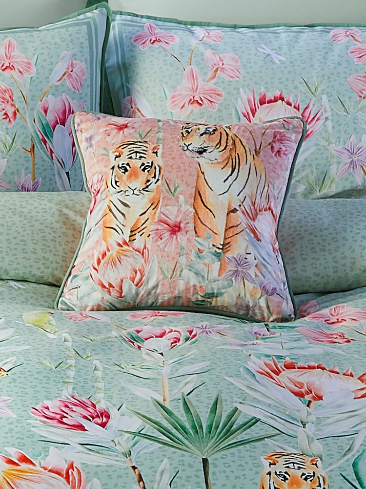 Soiree Coral Pink/Camel Brown Tropical Leopard Luxe Velvet Filled Cushion - Image 1 of 7
