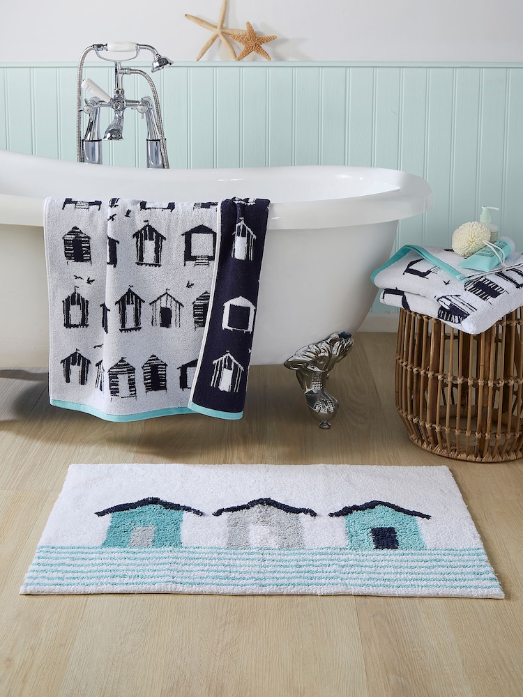 Fusion Blue 100% Cotton Beach Huts Anti-Slip Bath Mat - Image 1 of 3