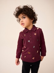 Burgundy Red Long Sleeve Quarter Zip 100% Cotton All-Over Embroidered Polo Shirt (3mths-7yrs) - Image 1 of 6