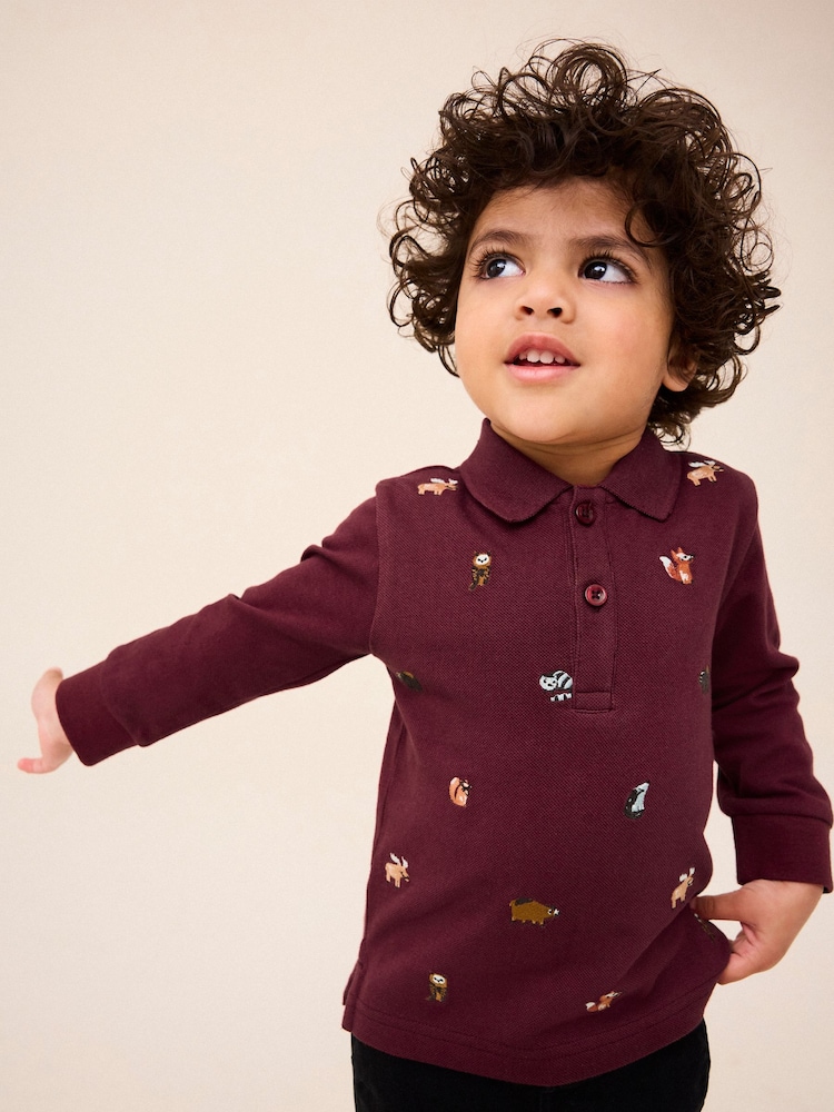 Burgundy Red Long Sleeve Quarter Zip 100% Cotton All-Over Embroidered Polo Shirt (3mths-7yrs) - Image 2 of 6