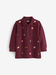 Burgundy Red Long Sleeve Quarter Zip 100% Cotton All-Over Embroidered Polo Shirt (3mths-7yrs) - Image 4 of 6