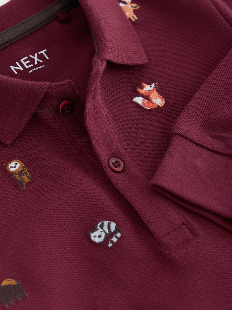 Burgundy Red Long Sleeve Quarter Zip 100% Cotton All-Over Embroidered Polo Shirt (3mths-7yrs) - Image 6 of 6