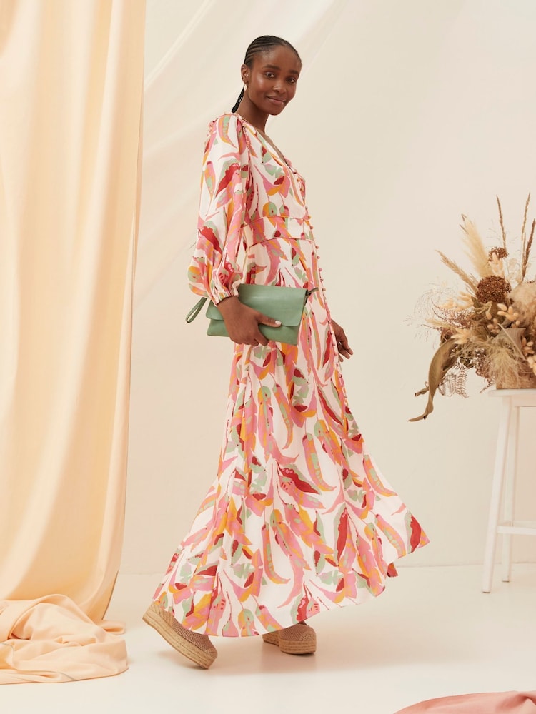 FatFace Peony Pink Painted Leaves Maxi Dress - Image 2 of 8