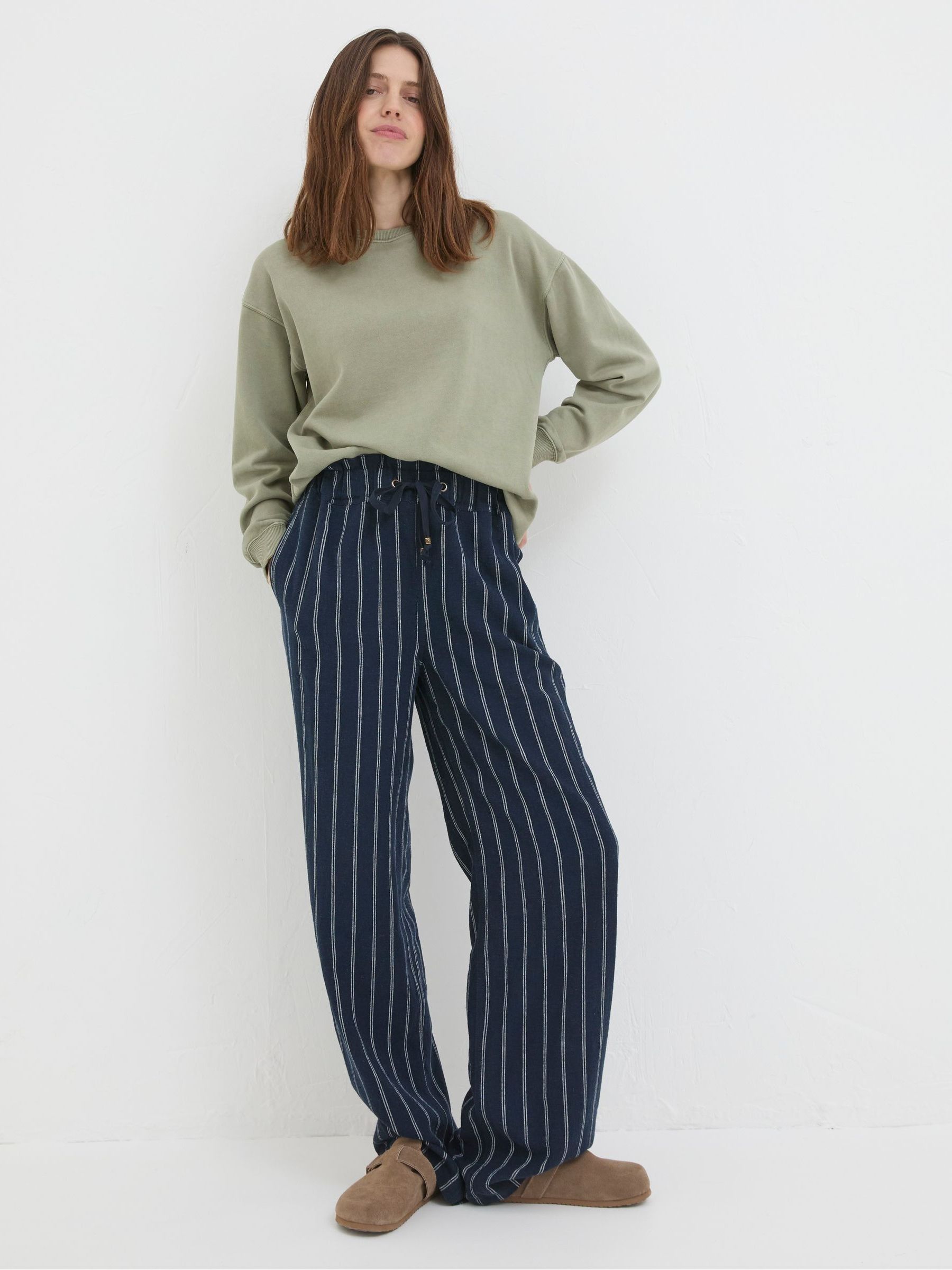 Fat Face Women's Blue Fatface Iva Stripe Linen Blend Trousers