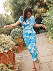 FatFace Blue Aster Textured Leaves Midi Dress - Image 1 of 7