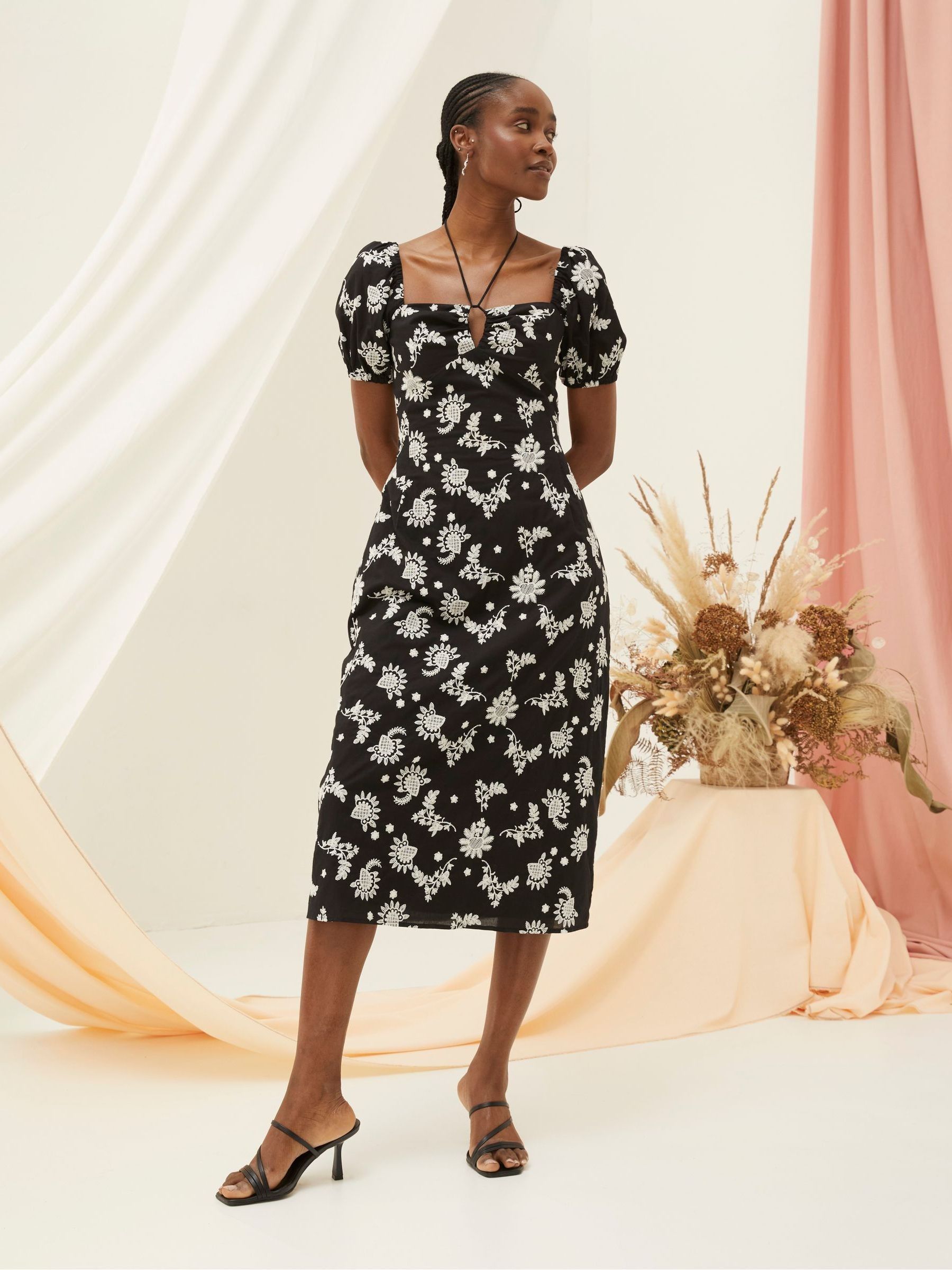 Fat Face Women's Black Lotus Embroidered Midi Dress