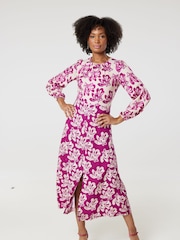Closet London Pink Print Gathe Neck Midi Dress - Image 1 of 5