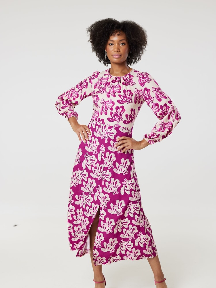 Closet London Pink Print Gathe Neck Midi Dress - Image 1 of 5 Closet London Pink Print Gathe Neck Midi Dress - Image 1 of 5