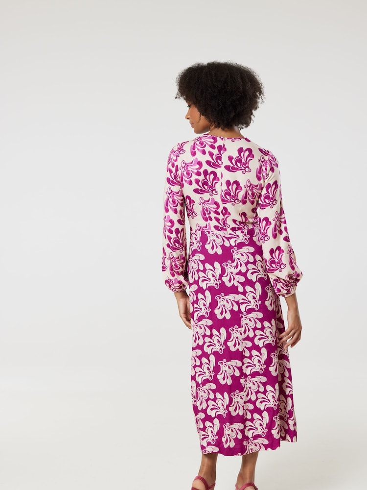 Closet London Pink Print Gathe Neck Midi Dress - Image 2 of 5 Closet London Pink Print Gathe Neck Midi Dress - Image 2 of 5