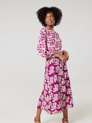 Closet London Pink Print Gathe Neck Midi Dress - Image 3 of 5