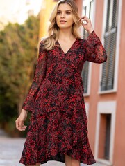 Sosandar Red Abstract Poppy Print Wrap Dress - Image 1 of 4