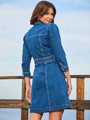Sosandar Blue Popper Front Belted Utility Dress - Image 4 of 6