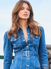 Sosandar Blue Popper Front Belted Utility Dress - Image 6 of 6