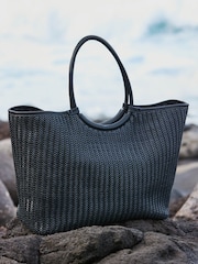 Sosandar Black Oversized Faux Leather Woven Tote Bag - Image 1 of 5