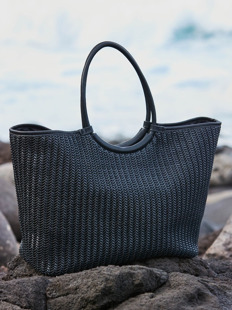 Sosandar Black Oversized Faux Leather Woven Tote Bag - Image 1 of 5