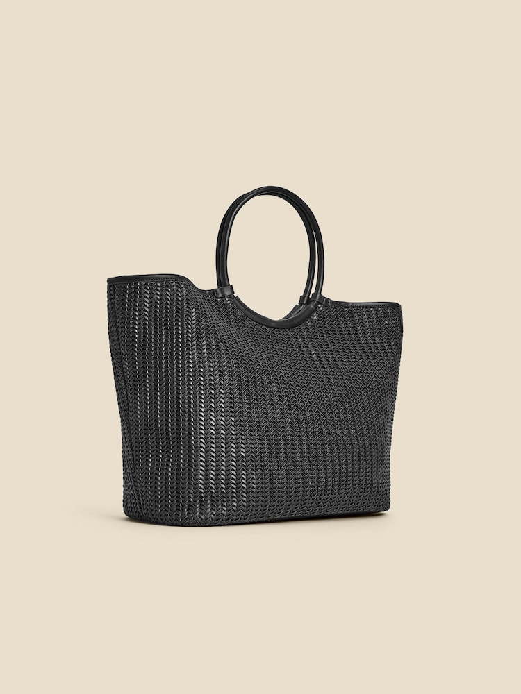 Sosandar Black Oversized Faux Leather Woven Tote Bag - Image 4 of 5
