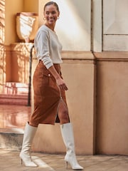 Sosandar Brown Suede Zip Front Pocket Detail Pencil Skirt - Image 3 of 6