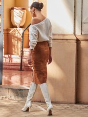 Sosandar Brown Suede Zip Front Pocket Detail Pencil Skirt - Image 4 of 6
