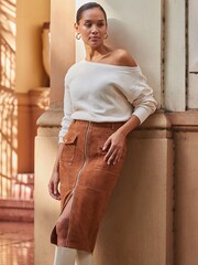 Sosandar Brown Suede Zip Front Pocket Detail Pencil Skirt - Image 5 of 6