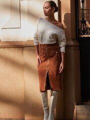 Sosandar Brown Suede Zip Front Pocket Detail Pencil Skirt - Image 6 of 6