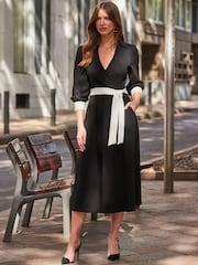 Sosandar Black Contrast Trim Belted Midi Jersey Wrap Dress - Image 5 of 5