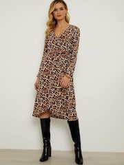 Sosandar Black/Brown Leopard Print Wrap Midi Dress - Image 1 of 4