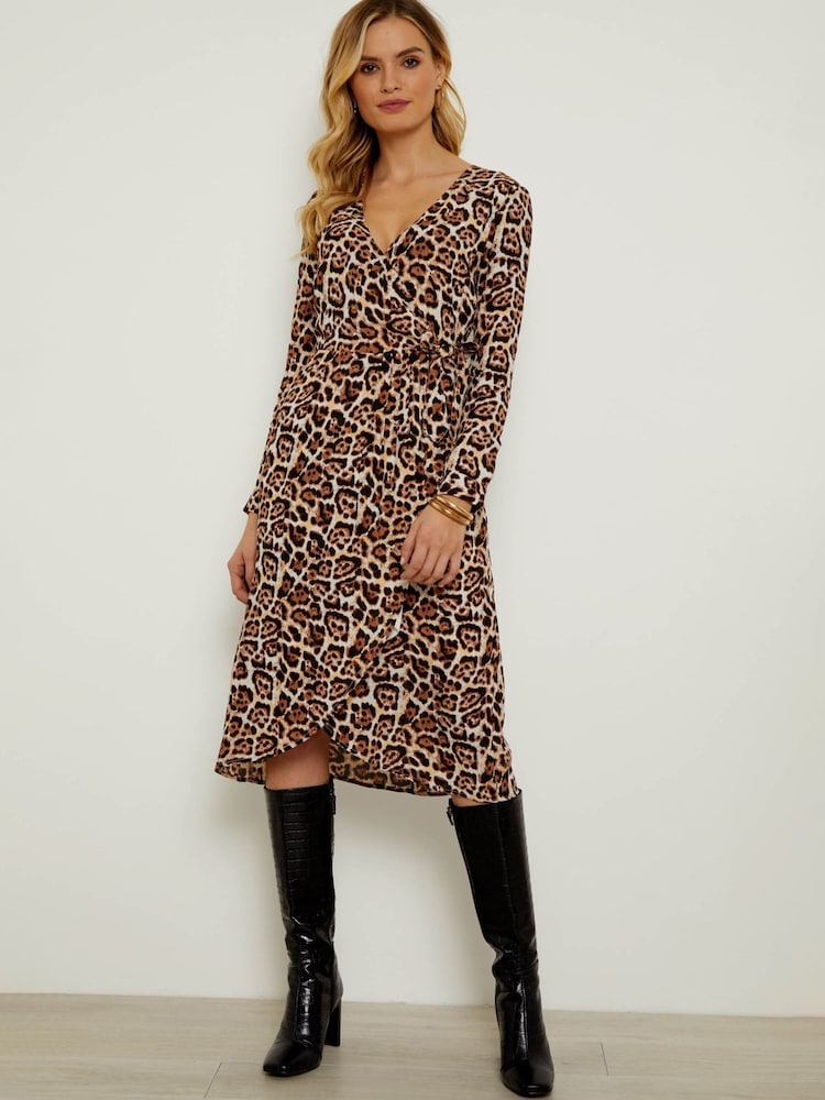 Sosandar Black/Brown Leopard Print Wrap Midi Dress - Image 1 of 4