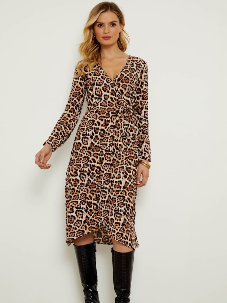 Sosandar Black/Brown Leopard Print Wrap Midi Dress - Image 2 of 4