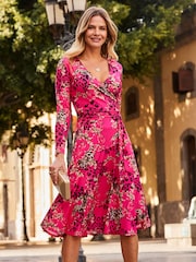 Sosandar Pink Multi Print Faux Wrap Midi Jersey Dress - Image 1 of 5