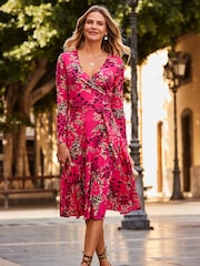 Sosandar Pink Multi Print Faux Wrap Midi Jersey Dress - Image 3 of 5