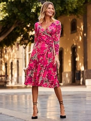 Sosandar Pink Multi Print Faux Wrap Midi Jersey Dress - Image 4 of 5