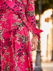 Sosandar Pink Multi Print Faux Wrap Midi Jersey Dress - Image 5 of 5