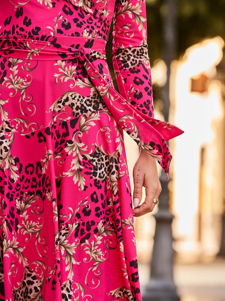 Sosandar Pink Multi Print Faux Wrap Midi Jersey Dress - Image 5 of 5