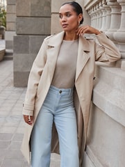 Sosandar Cream Faux Leather Trench Coat - Image 5 of 6