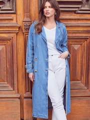 Sosandar Blue Denim Longline Trench Coat - Image 1 of 6