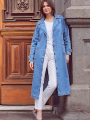 Sosandar Blue Denim Longline Trench Coat - Image 5 of 6
