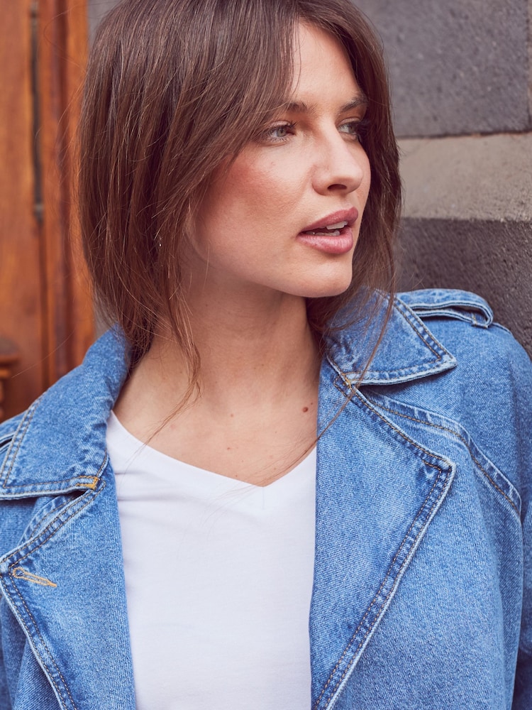 Sosandar Blue Denim Longline Trench Coat - Image 6 of 6
