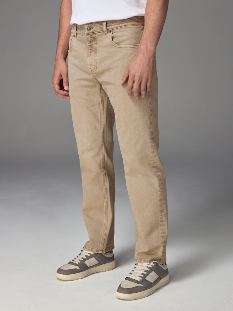 Peščeno bela - Raven kroj - Vintage Wash denim kavbojke - Slika 2 iz 12
